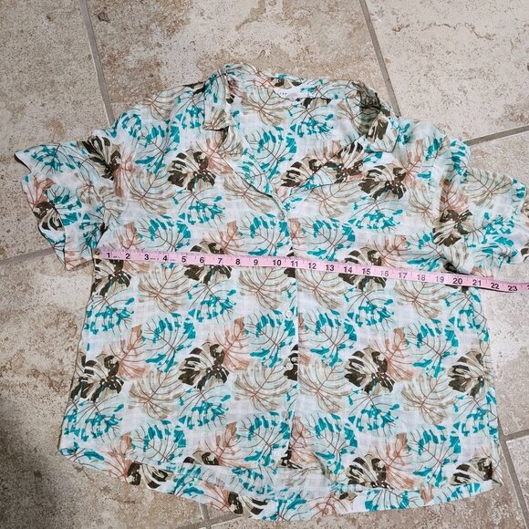 Anthropologie Jane + Delancey Size Large Blue Green Floral Button Up SS Blouse - Picture 6 of 7